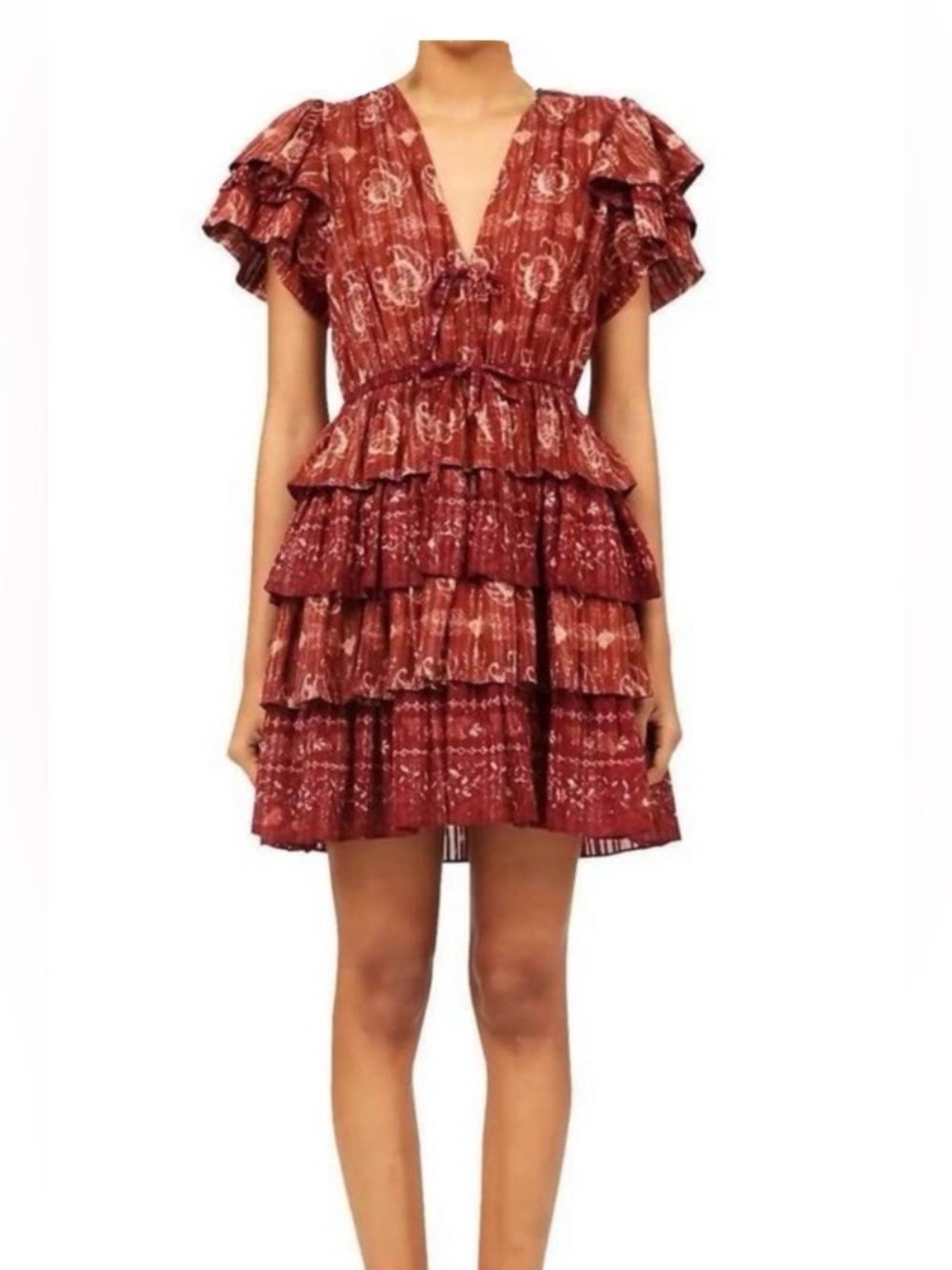 Ulla Johnson Kaitlyn Dress Amaranthus Red Paisley Tiered Ruffle Mini Size 8